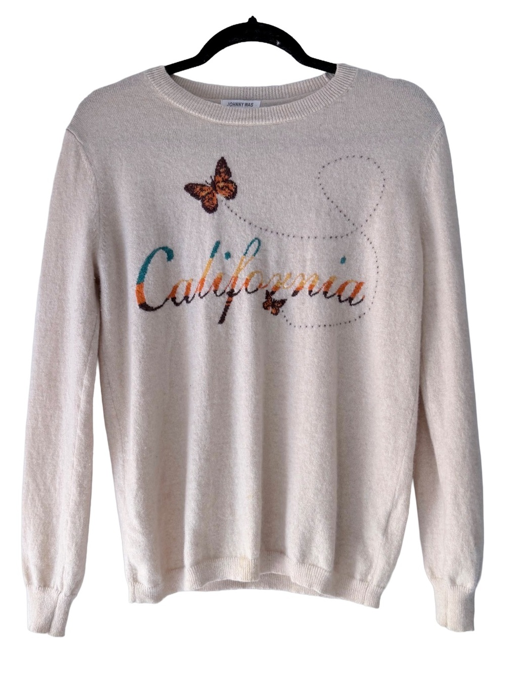 Johnny Was CASHMERE Cream California Butterfly Graphic Crewneck Sweater